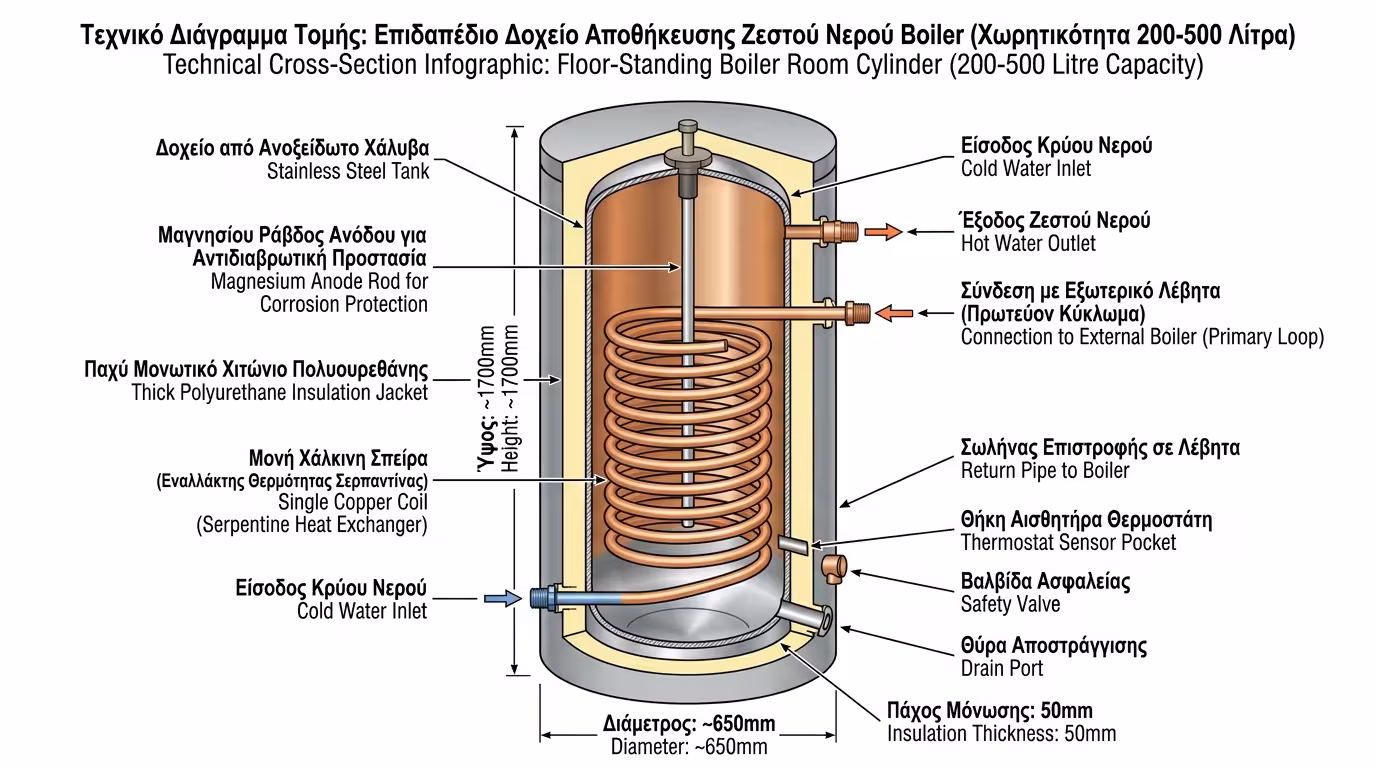 Μπόιλερ λεβητοστασίου με σερπαντίνα εναλλάκτη θερμότητας