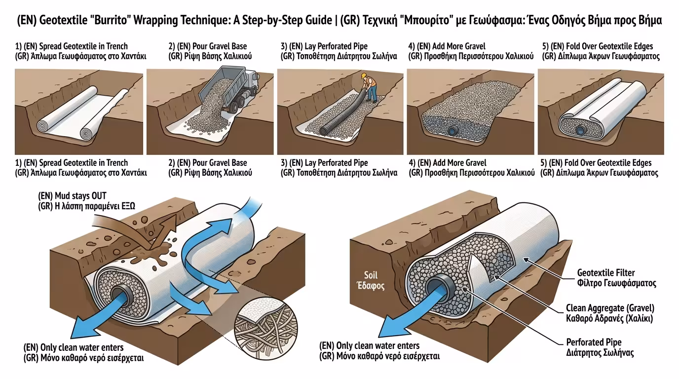 Γεωύφασμα τυλιγμένο σαν μπουρίτο γύρω από χαλίκι και σωλήνα