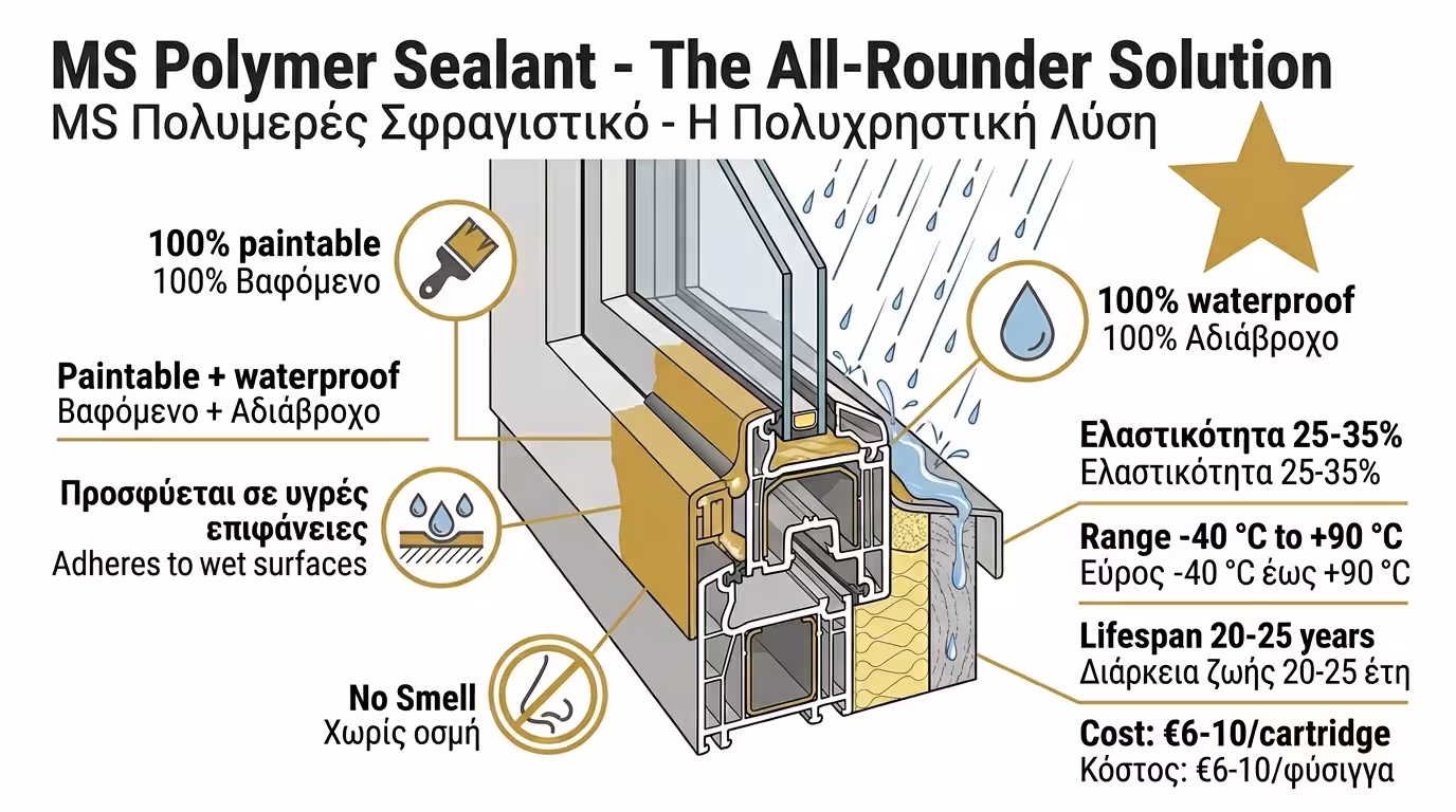 MS πολυμερές σφραγιστικό - κολλάει σε βρεγμένη επιφάνεια, βάφεται, αντέχει εξωτερικά