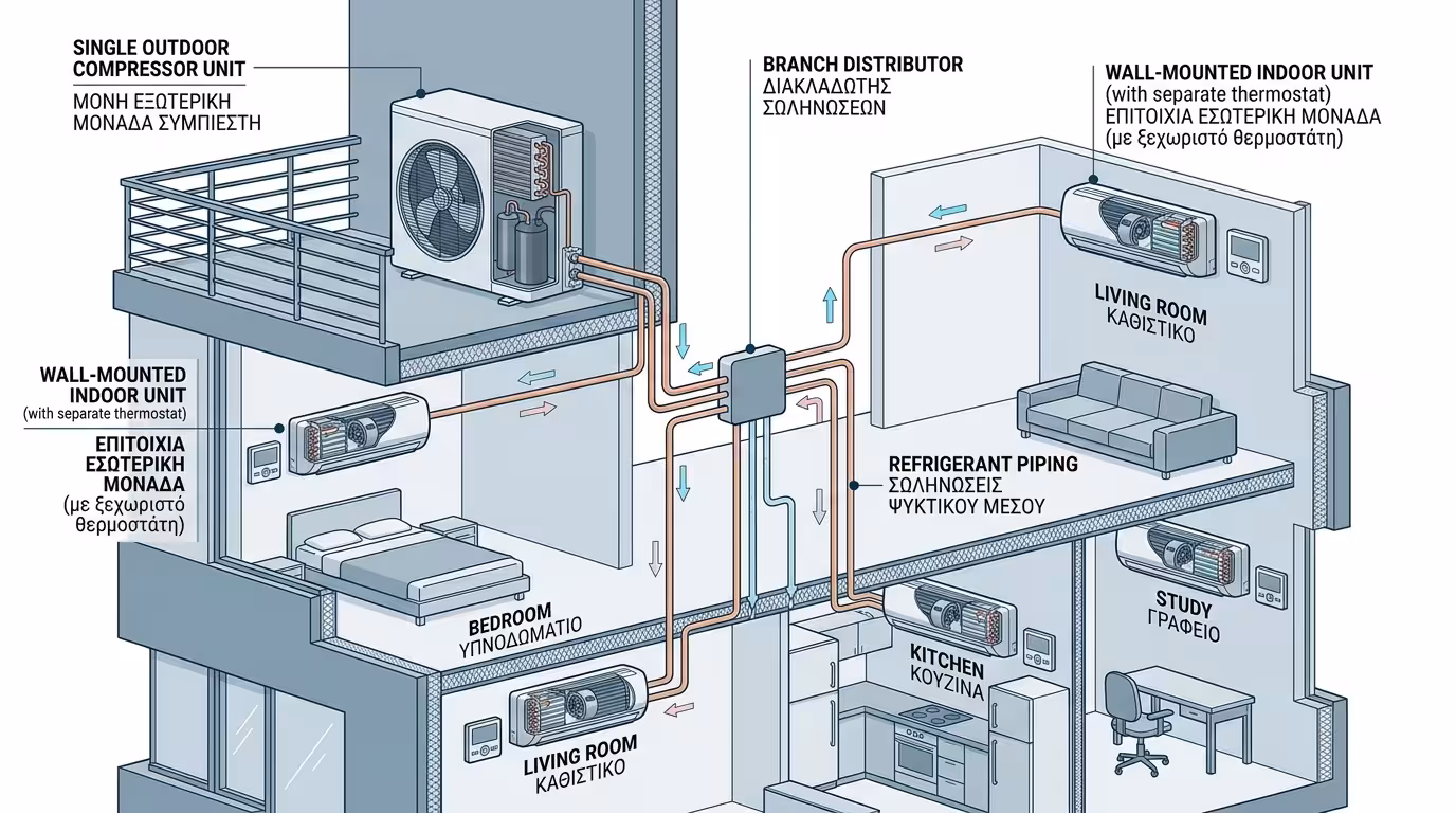 Σύστημα Multi-Split - 1 εξωτερική μονάδα συνδεδεμένη με πολλές εσωτερικές