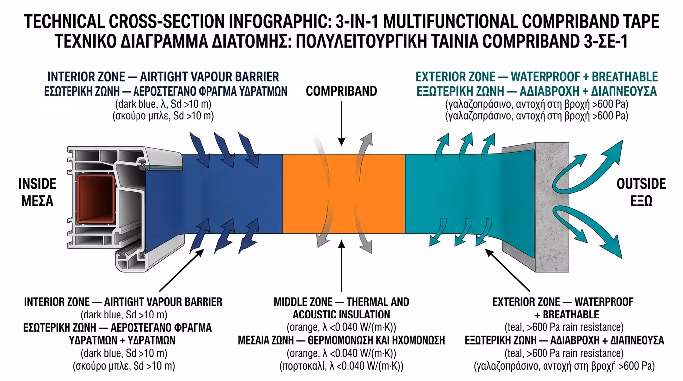 Multifunctional ταινία Compriband 3-σε-1 - εσωτερική αεροστεγανότητα, μεσαία θερμομόνωση, εξωτερική υδατοστεγανότητα