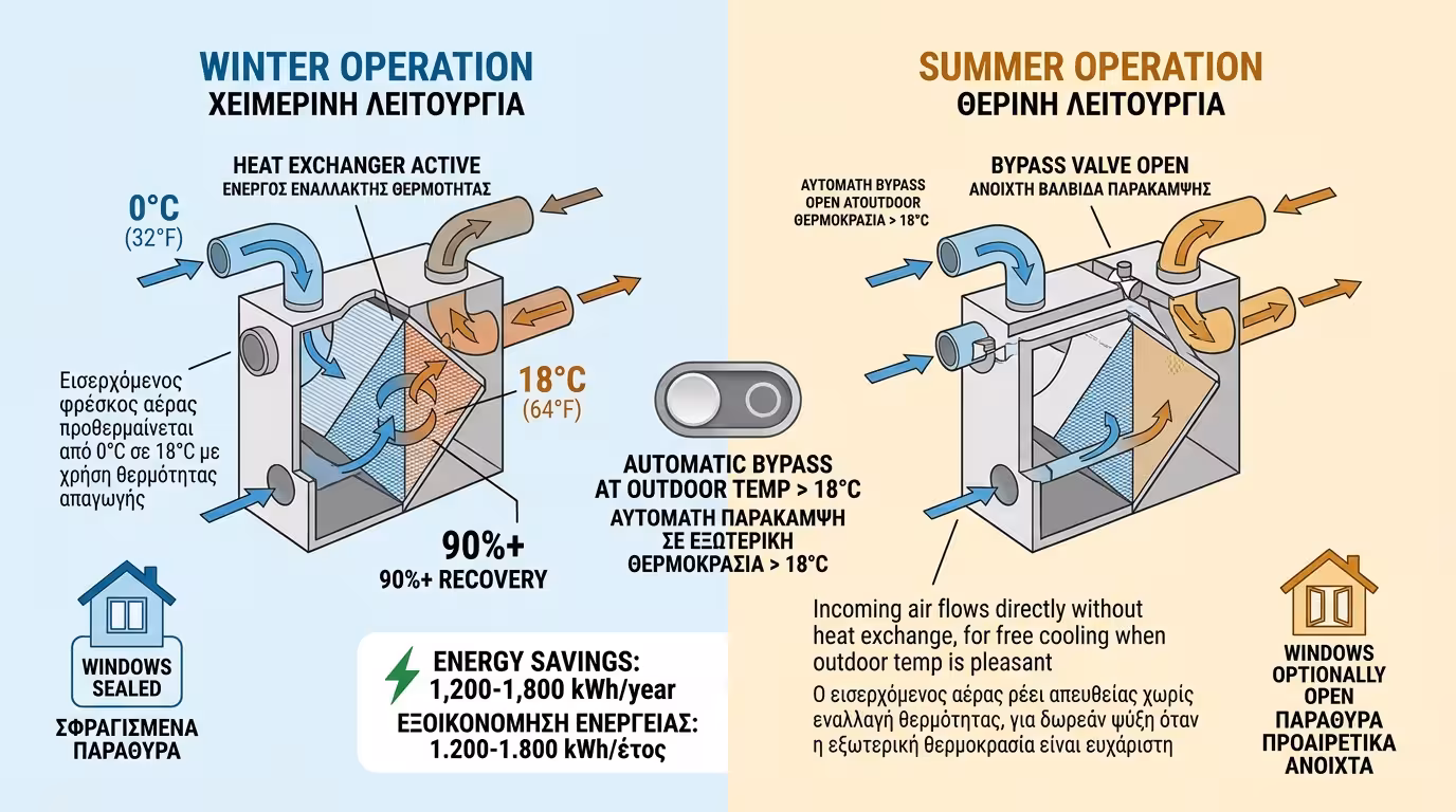 MVHR σε λειτουργία bypass το καλοκαίρι - απευθείας φρέσκος αέρας