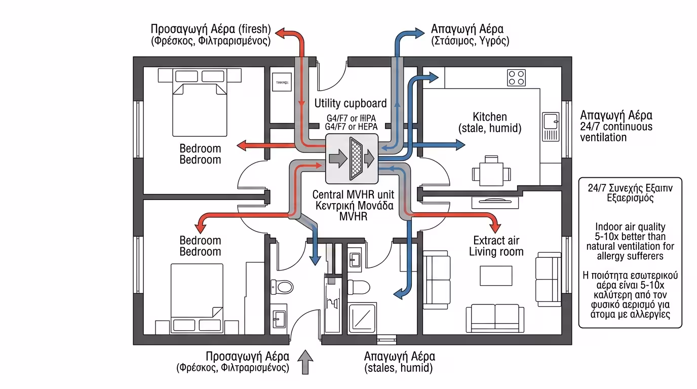 Διάγραμμα δικτύου αεραγωγών MVHR - εισαγωγή και εξαγωγή αέρα
