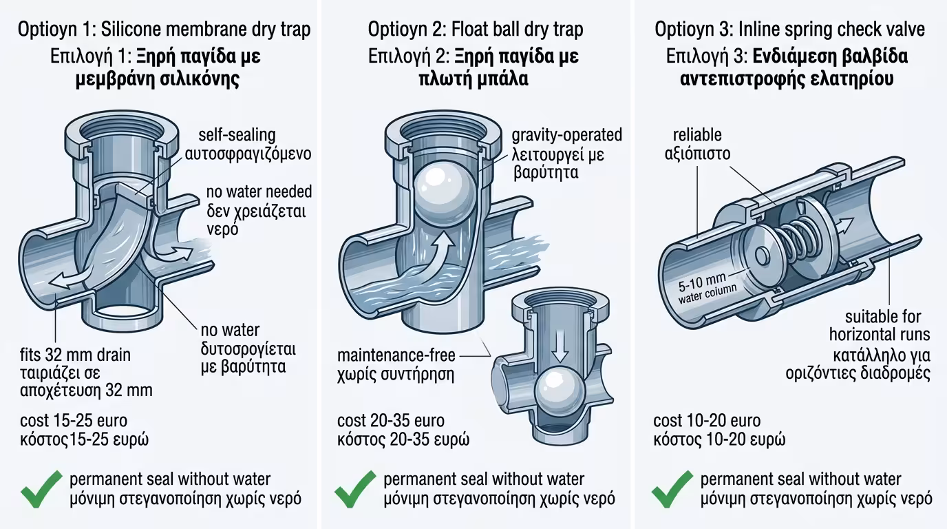 Μυρωδιές αποχέτευσης και ρεύμα αέρα μέσα από στεγνό σιφώνι κλιματιστικού