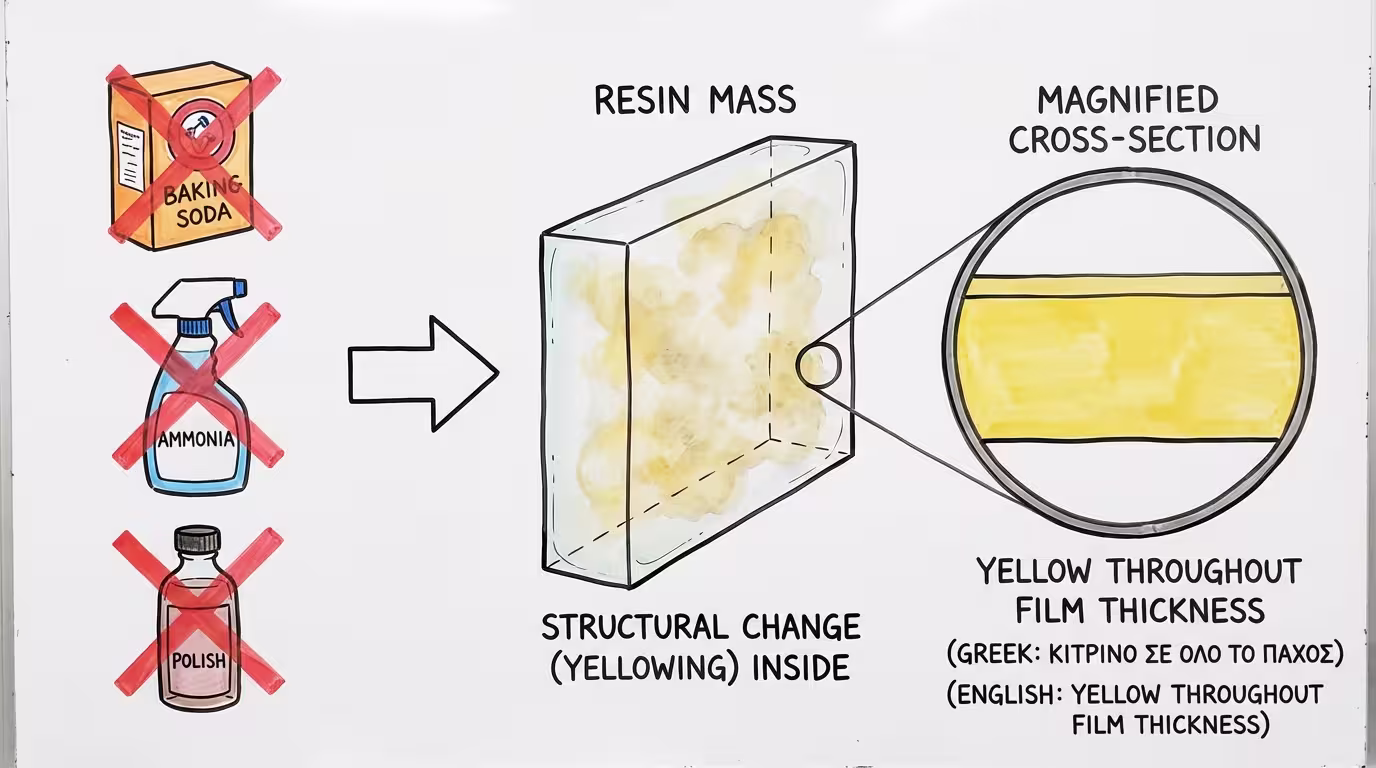 Ινφογκράφικ: crossed-out σόδα, αμμωνία, σαπούνια. Το κιτρίνισμα είναι ΜΕΣΑ στη ρητίνη, ΟΧΙ πάνω. Δεν αναστρέφεται χημικά (ελληνικά και αγγλικά)