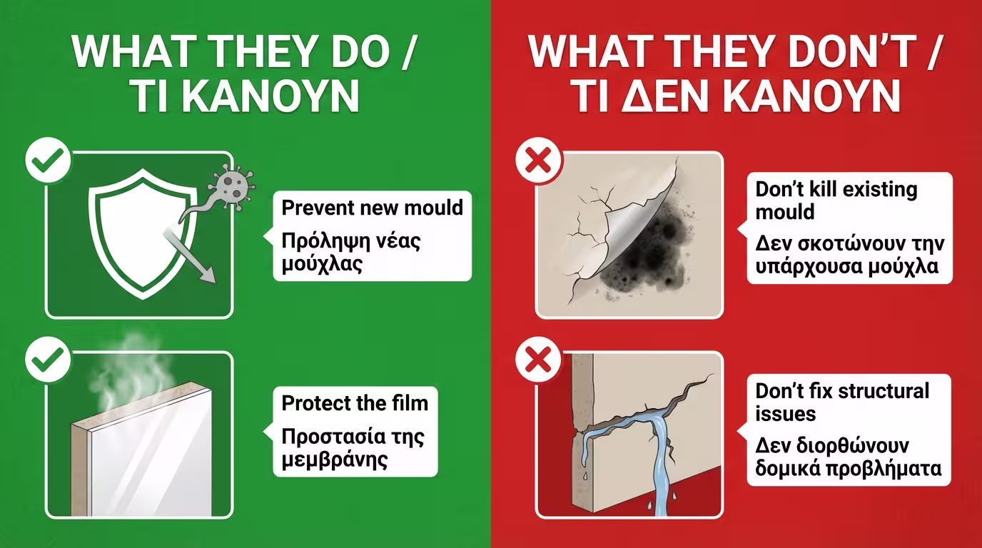 Infographic: Τι κάνουν (πρόληψη, προστασία φιλμ) vs τι ΔΕΝ κάνουν (δεν σκοτώνουν μούχλα, δεν λύνουν δομικά)