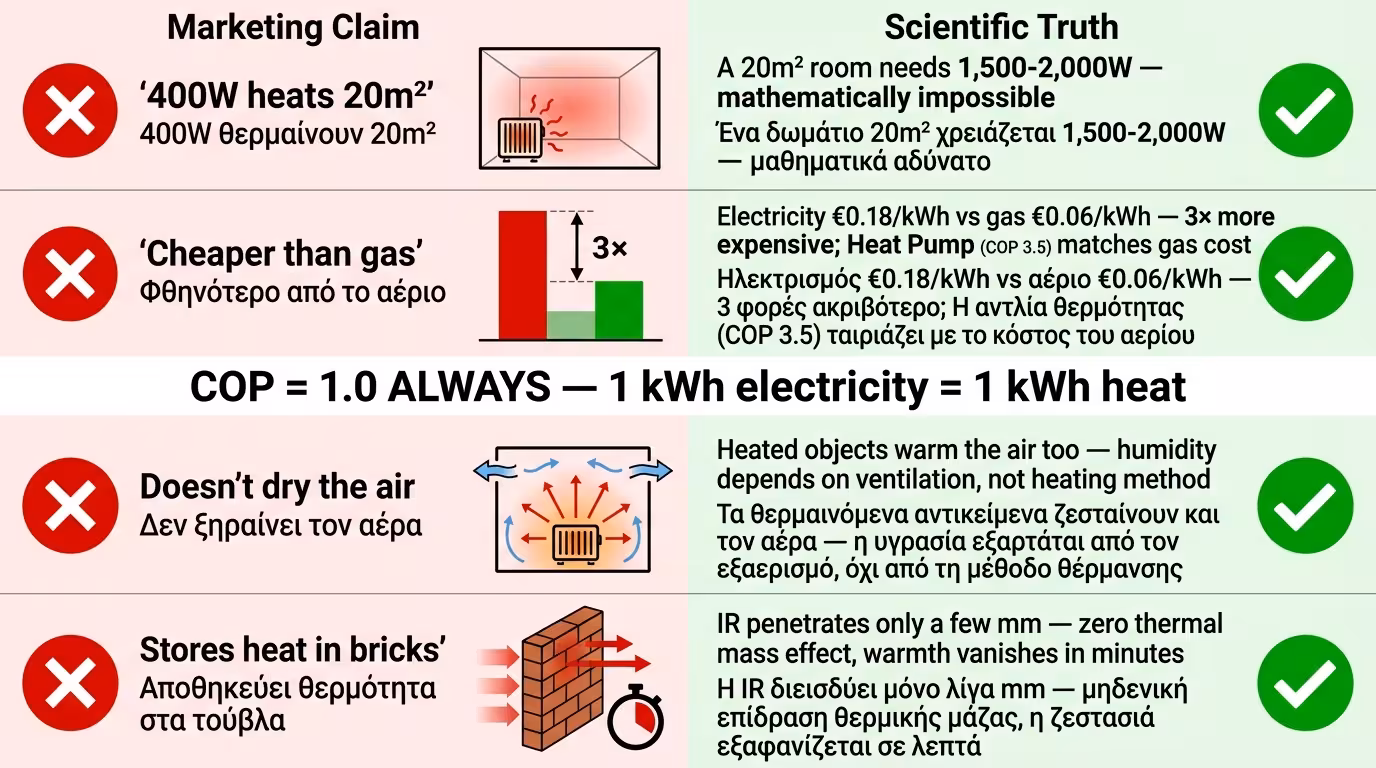 Μύθοι IR πάνελ: ψεύτικες κατανάλωσεις, COP 1:1, αντλία θερμότητας vs πάνελ