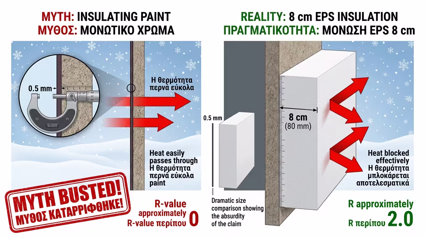 Θερμομονωτικό χρώμα 0.5mm vs φελιζόλ 8cm - σύγκριση R-value