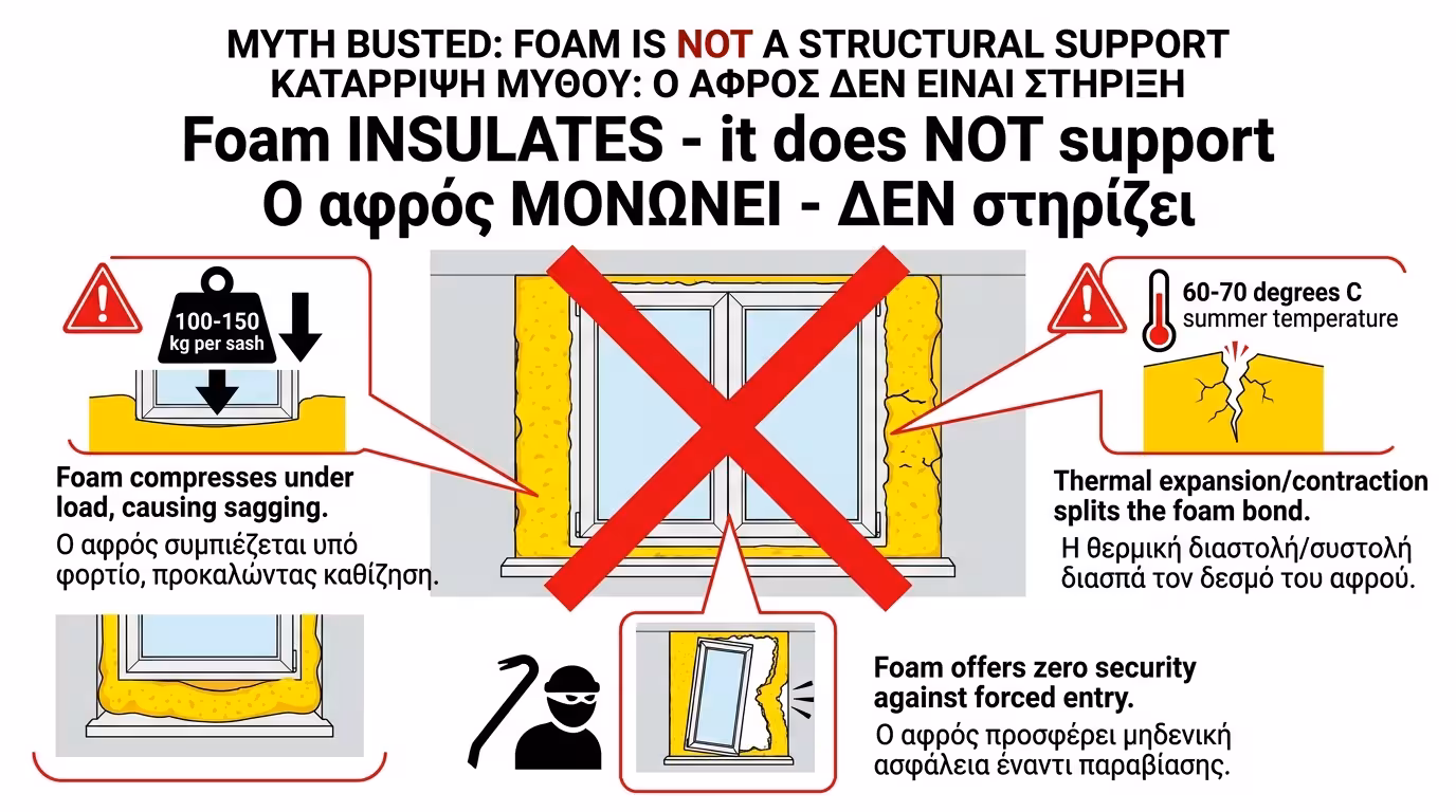 Αφρός πολυουρεθάνης που διογκώνεται - δεν είναι υλικό στήριξης παραθύρου