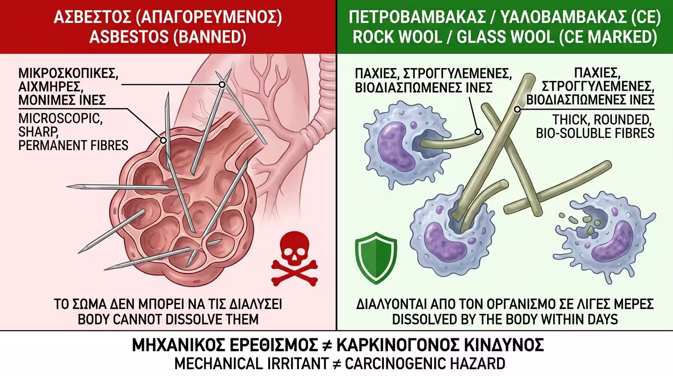 Σύγκριση ινών αμιάντου vs πετροβάμβακα - βιοδιαλυτές ίνες