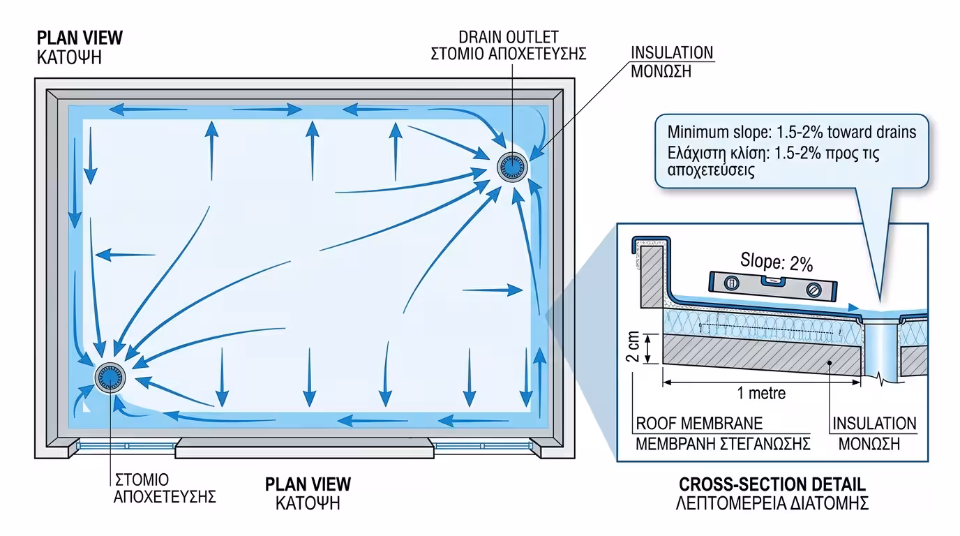 Αλφάδι σε ταράτσα - ελάχιστη κλίση 1,5-2% προς υδρορροές