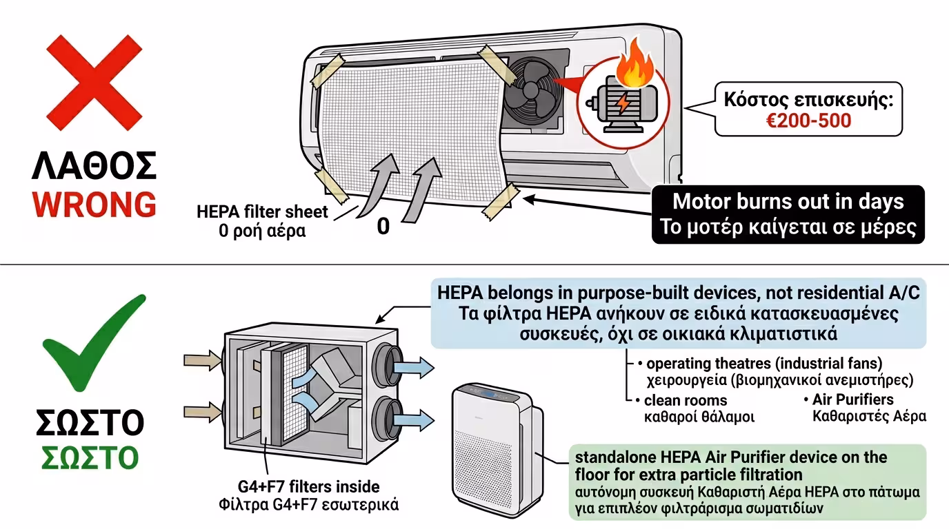 Μύθος HEPA σε οικιακό A/C - καεί μοτέρ, μηδενική ροή, σφάλμα εγκατάστασης