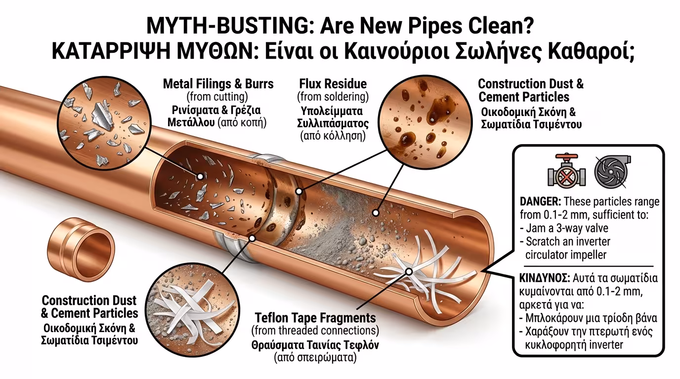 Γρέζια, τεφλόν, κόλλες και χώμα μέσα σε νέους σωλήνες οικοδομής