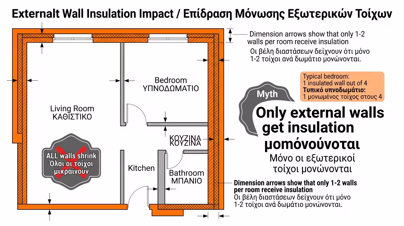Κάτοψη σπιτιού - μόνο οι εξωτερικοί τοίχοι μονώνονται