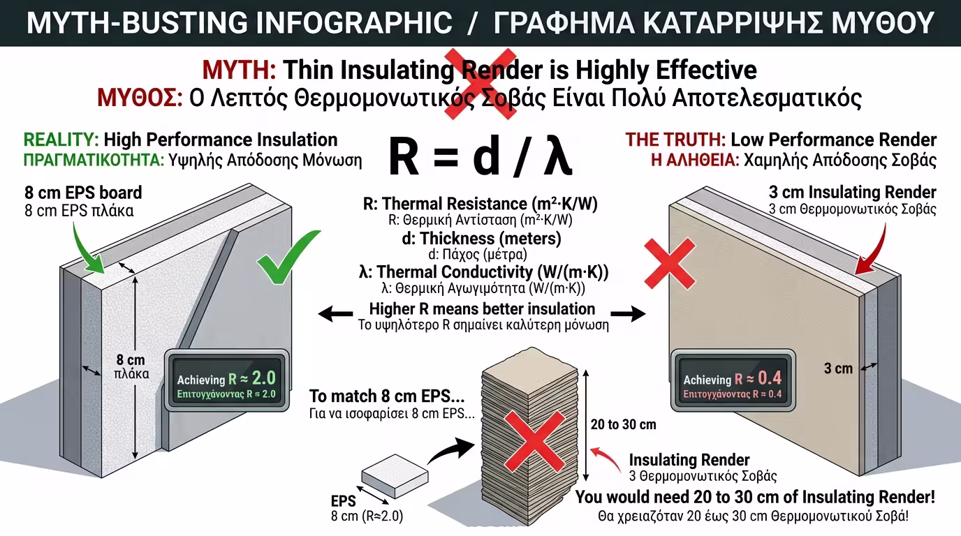 Φυσικός τύπος R=d/λ - σύγκριση πάχους σοβά με φελιζόλ