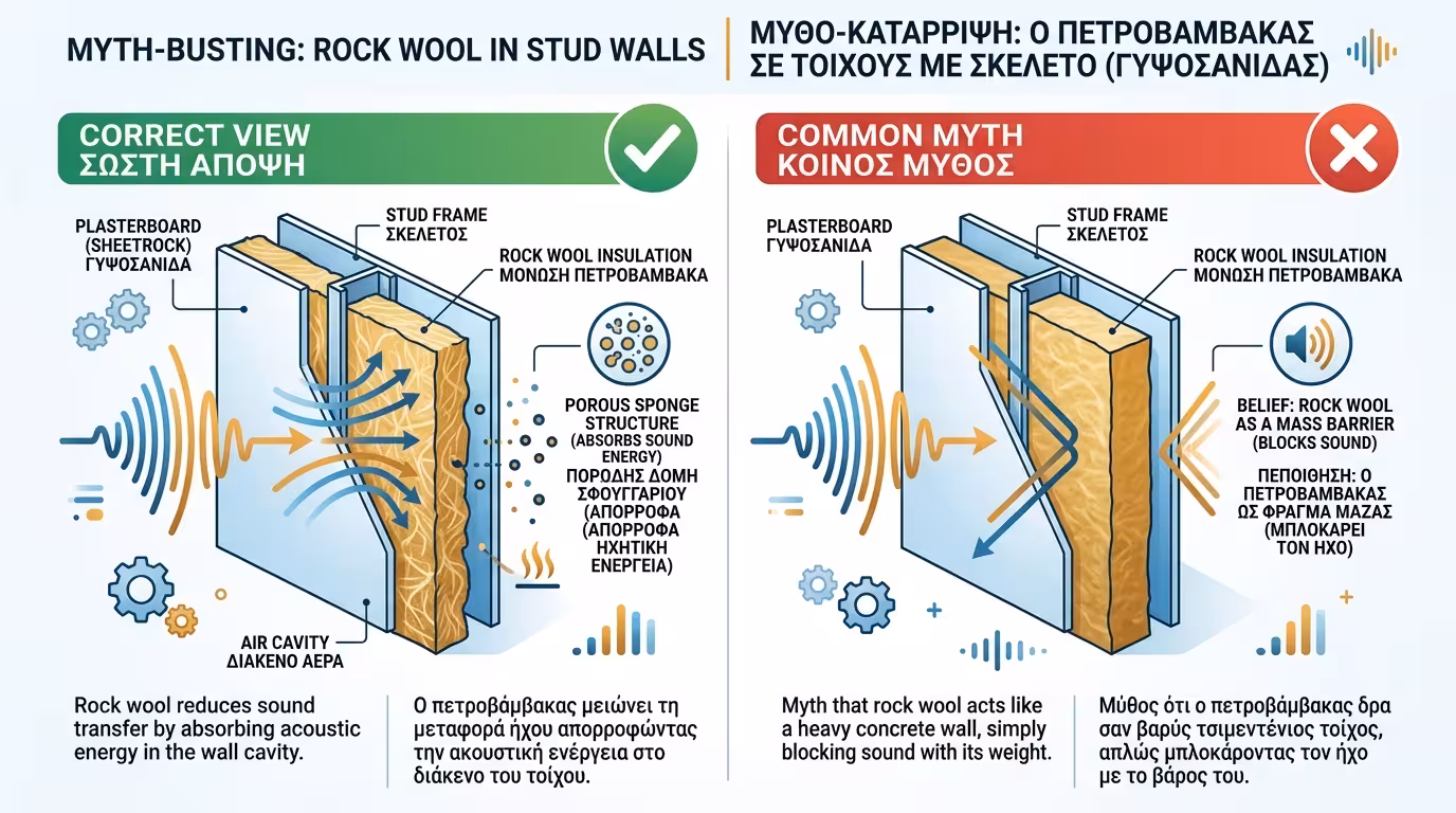 Ρόλος πετροβάμβακα: σφουγγάρι ηχοαπορρόφησης μέσα στο κενό, όχι ασπίδα