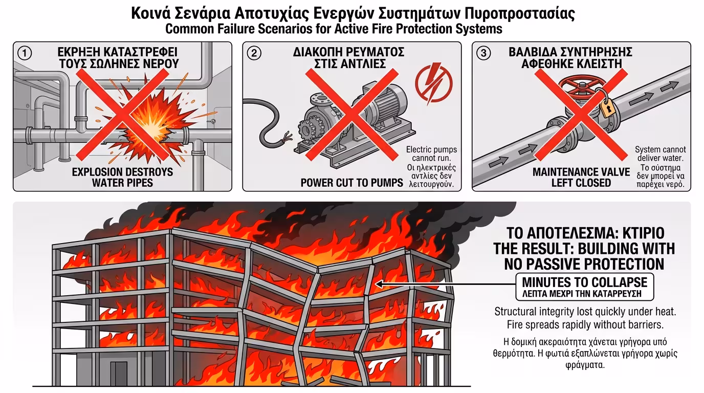 Σενάριο αποτυχίας sprinklers: κλεισμένη βάνα, τρυπημένη σωλήνα, σπασμένη αντλία