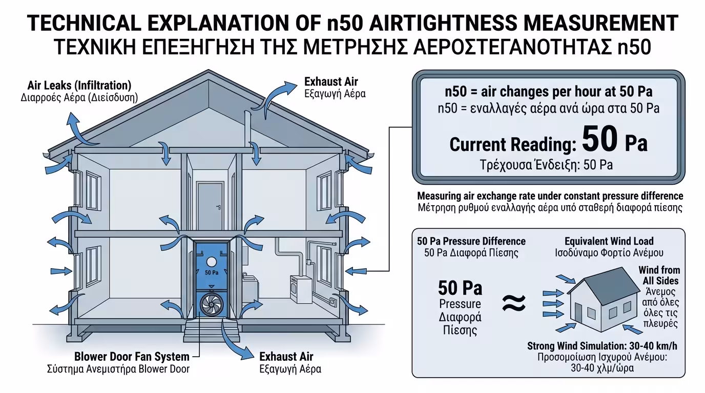 Blower Door δημιουργεί 50 Pa - μέτρηση n50