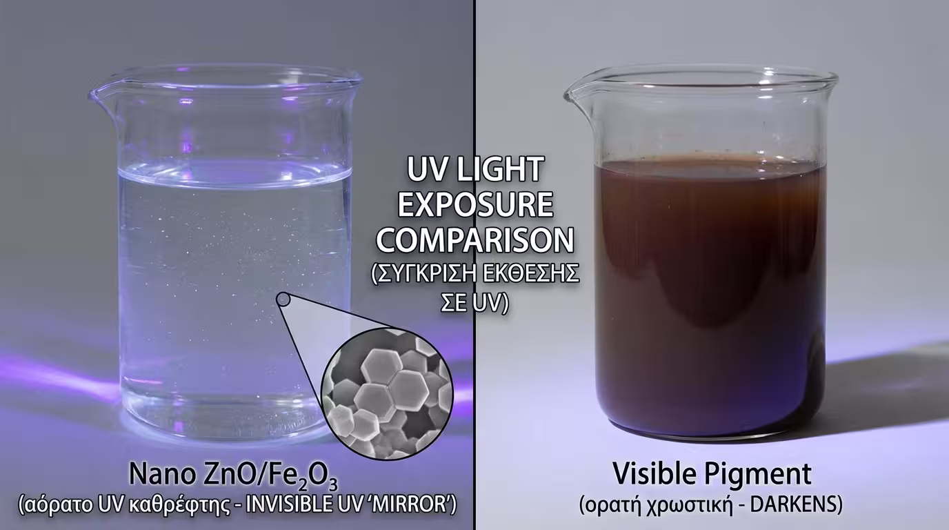 Ινφογκράφικ νανο-σωματιδίων ZnO/Fe₂O₃: αόρατα στο μάτι, αντανακλούν UV, βερνίκι παραμένει διάφανο (ελληνικά και αγγλικά)