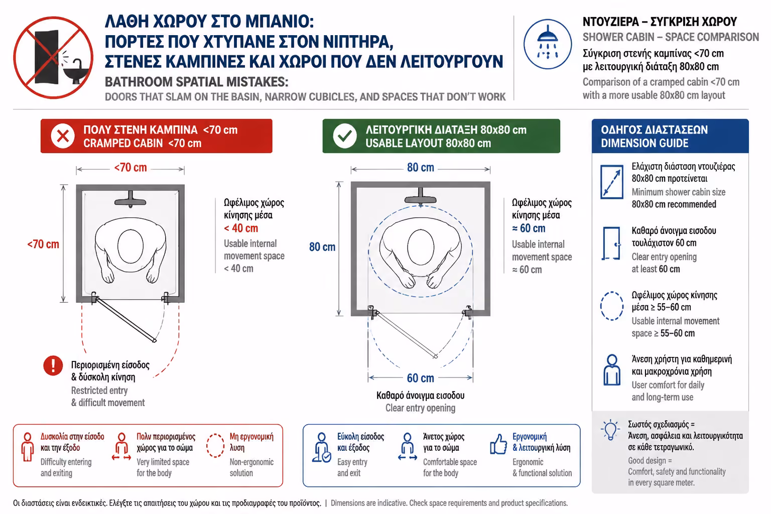Εικονογράφηση για πολύ στενή καμπίνα ντους και προβλήματα κίνησης