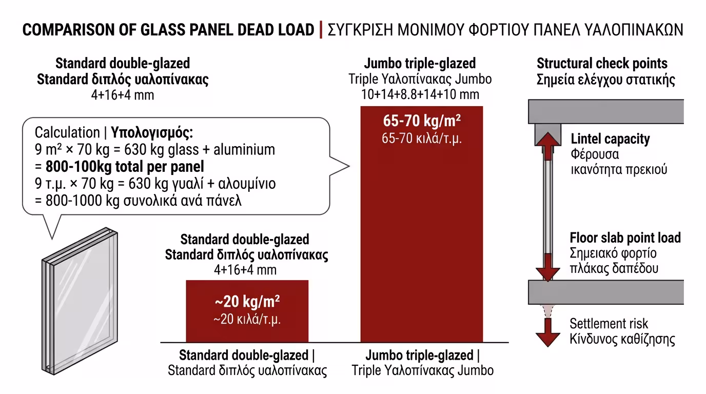 Νεκρό φορτίο υπερμεγέθους κουφώματος - βάρος jumbo υαλοπίνακα, ράουλα, κάσα, πατάρι