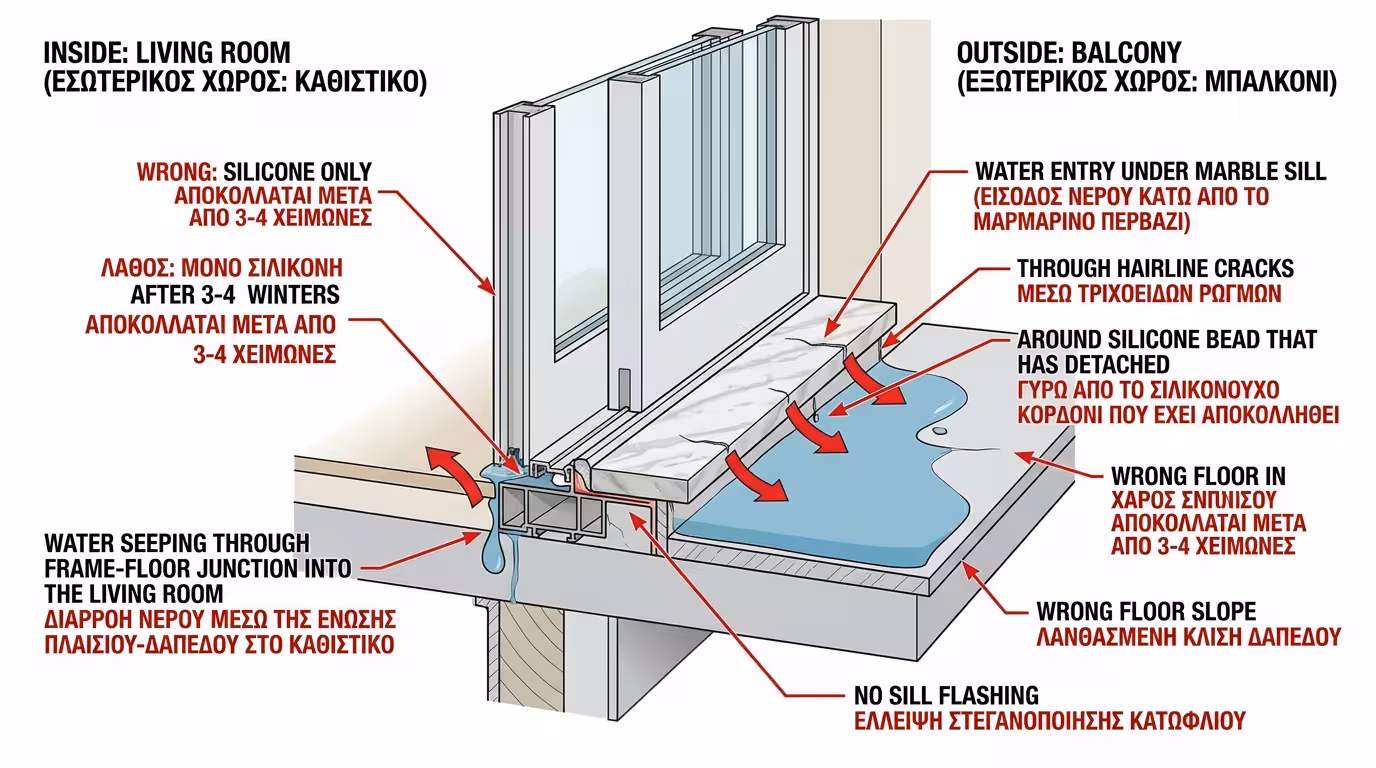 Νερό που εισχωρεί κάτω από μπαλκονόπορτα - το πρόβλημα στη σύνδεση κάσας-δαπέδου