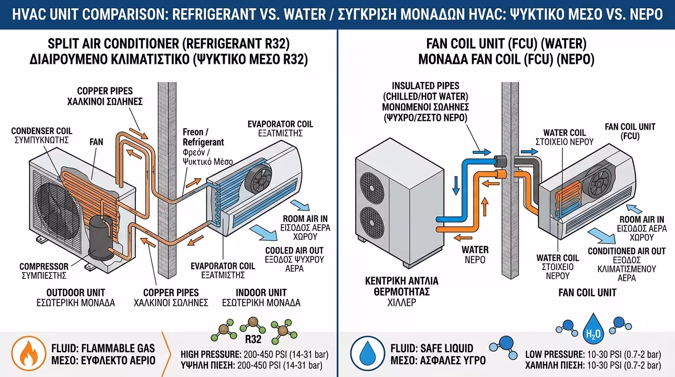 Σύγκριση Fan Coil (νερό) vs κλασικό κλιματιστικό (φρέον) - διαφορά λειτουργίας