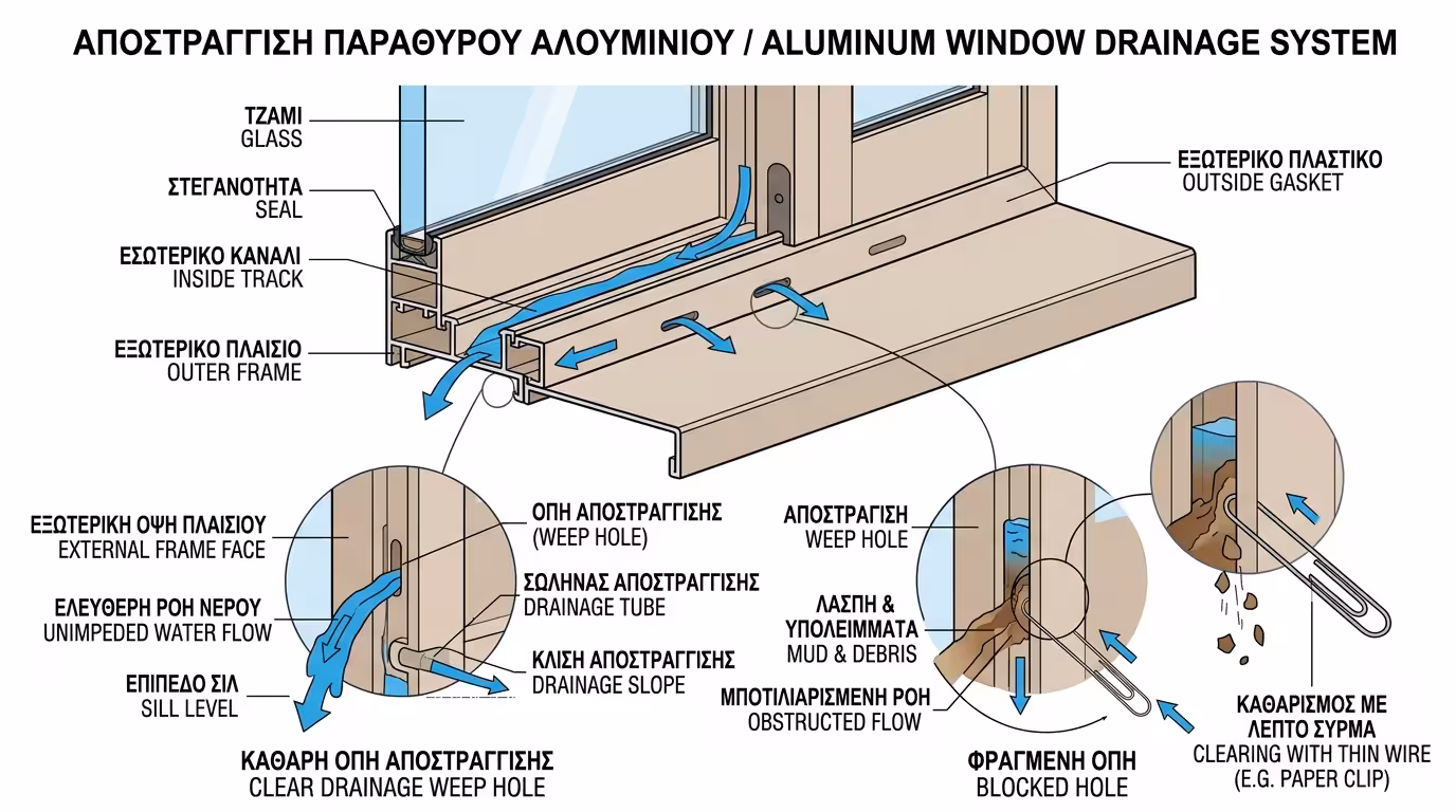 Ξεβούλωμα οπών απορροής κουφωμάτων με σύρμα