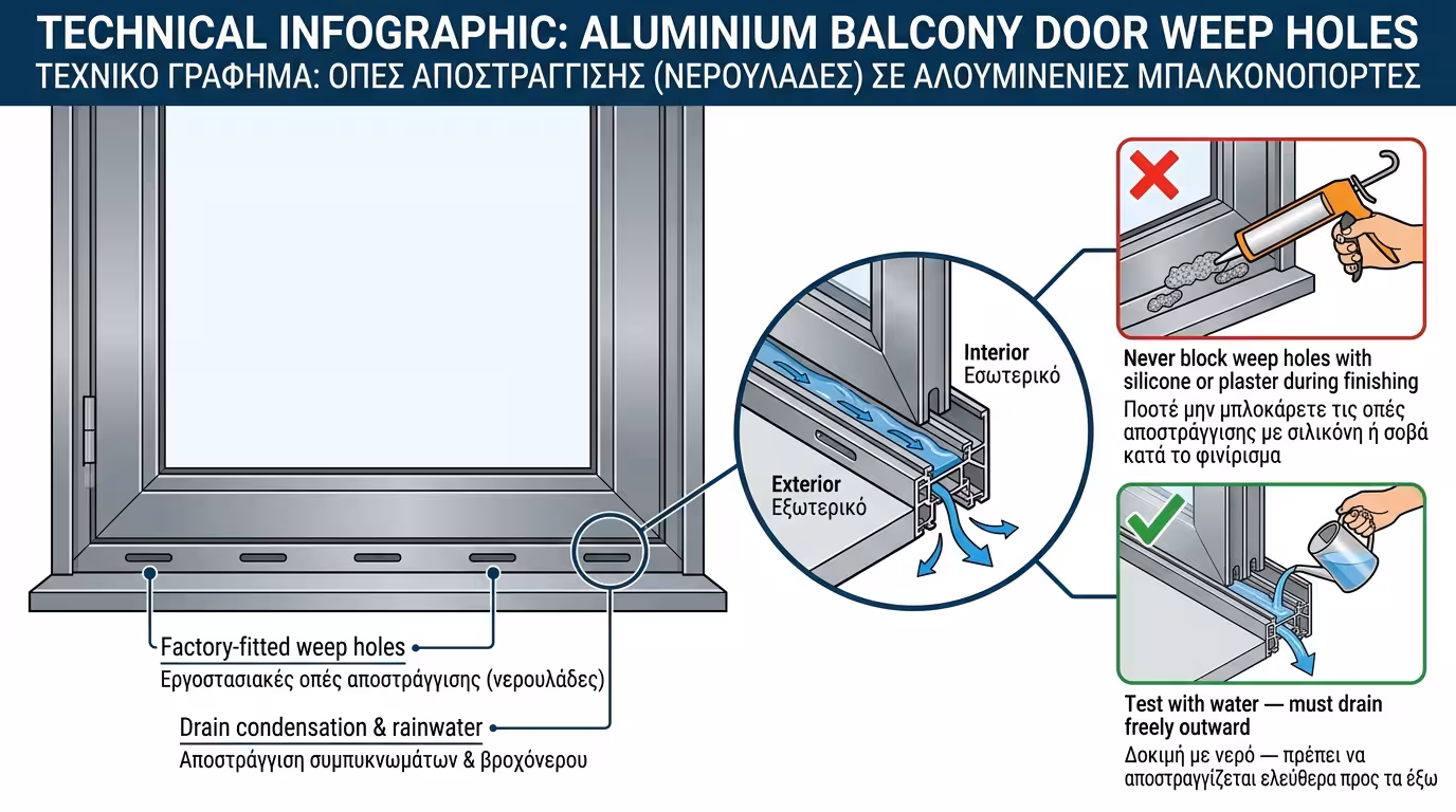 Weep holes (νεροχύτες) αποστράγγισης στο κάτω μέρος μπαλκονόπορτας αλουμινίου