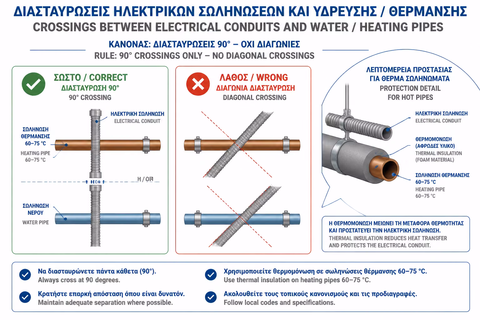 Κάθετη διασταύρωση ηλεκτρολογικών και υδραυλικών σωληνώσεων