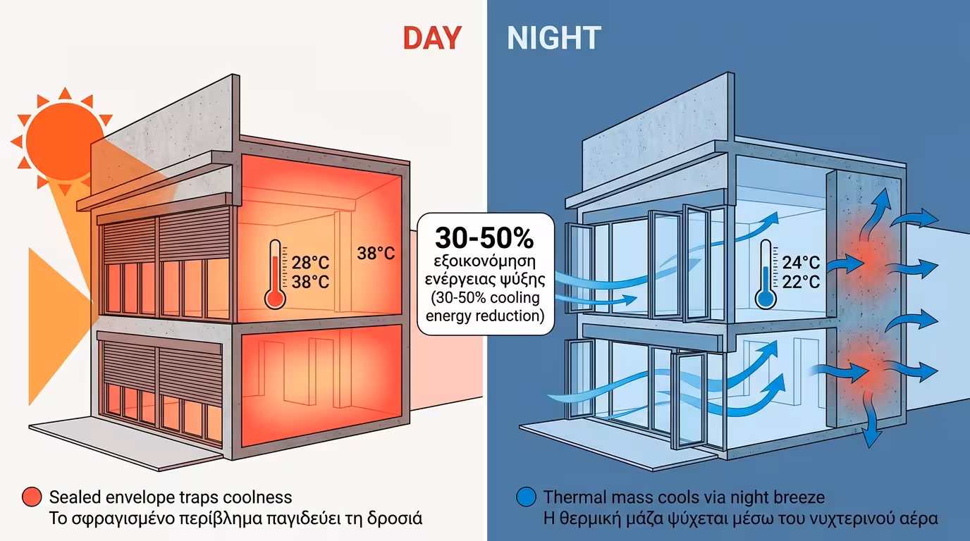 Νυχτερινός δροσισμός - θερμική μάζα τοίχων ψύχεται τη νύχτα
