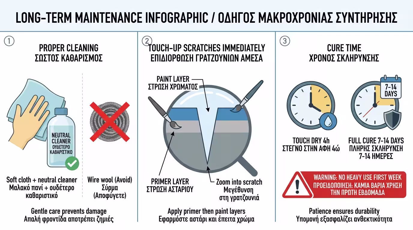 Ινφογκράφικ: Σωστός καθαρισμός σκάλας - ήπιο καθαριστικό, τοπικό touch-up, χρόνος ωρίμανσης 7 ημερών.