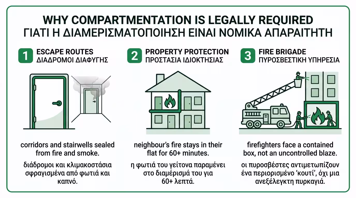 Οδοί διαφυγής, προστασία ιδιοκτησίας και Πυροσβεστική - γιατί ο νόμος επιβάλλει πυροδιαμερισματοποίηση