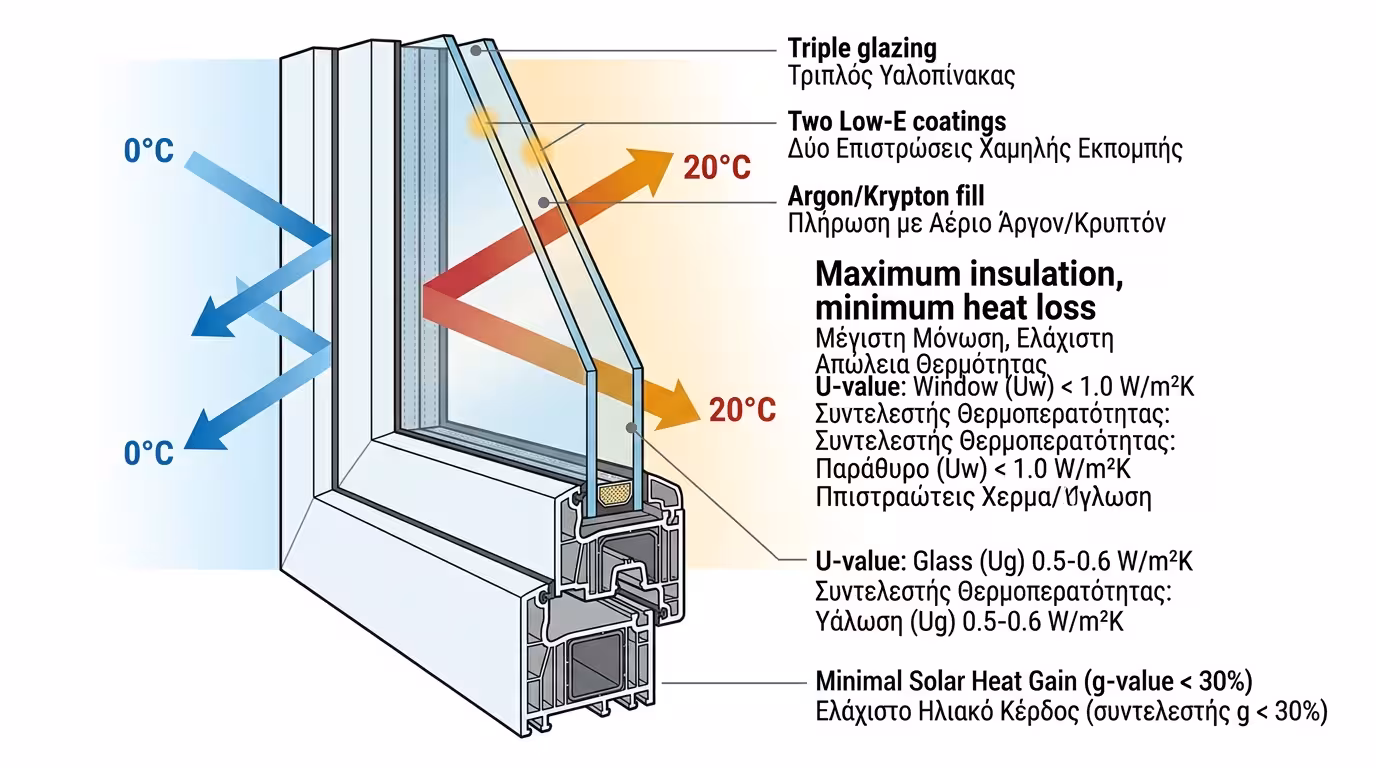 Βόρεια πρόσοψη με τριπλούς ενεργειακούς υαλοπίνακες - ελάχιστο Uw