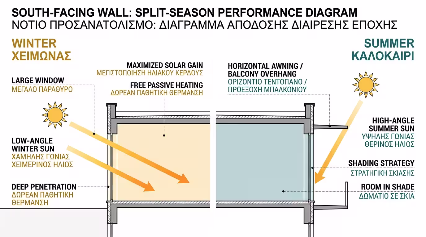 Νότια πλευρά - παθητική ηλιακή θέρμανση