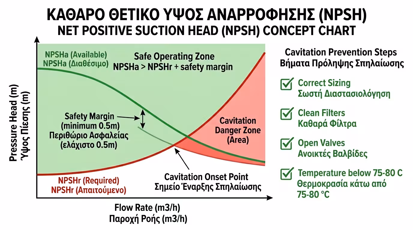 NPSH διάγραμμα - ελάχιστη πίεση αναρρόφησης αντλίας για αποφυγή σπηλαίωσης