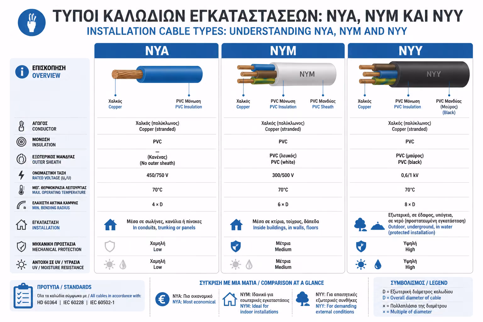 Σύγκριση καλωδίων NYA, NYM και NYY