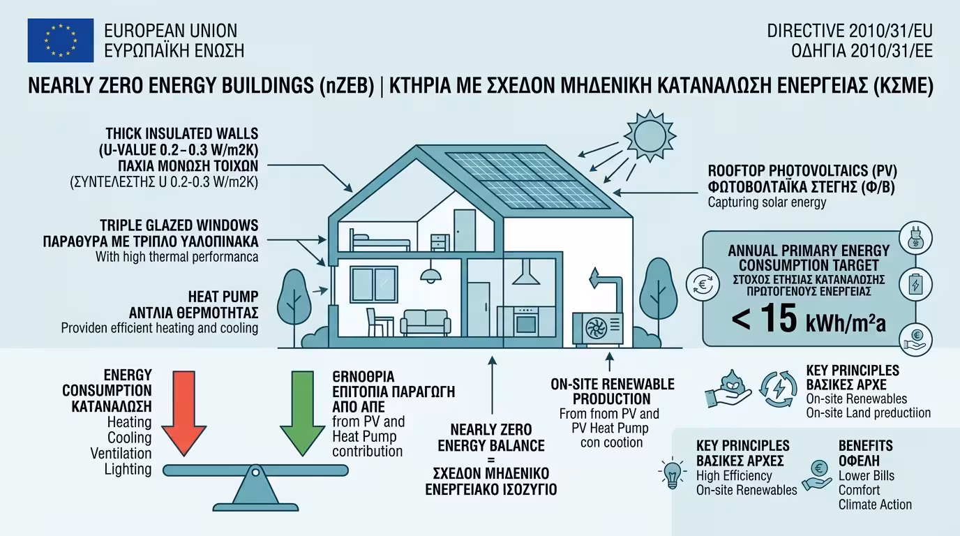 nZEB ορισμός – σχεδόν μηδενική κατανάλωση, ευρωπαϊκή οδηγία EPBD, ΑΠΕ επιτόπου
