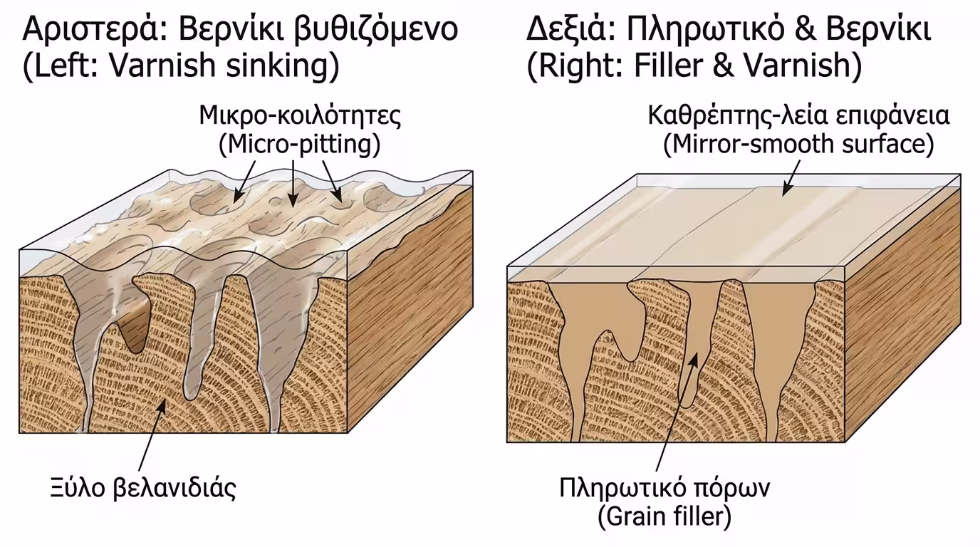 Ινφογκράφικ: βερνίκι βουλιάζει σε πόρους δρυός → λακκούβες. Grain Filler σφραγίζει πόρους → λεία επιφάνεια σαν καθρέφτη (ελληνικά και αγγλικά)