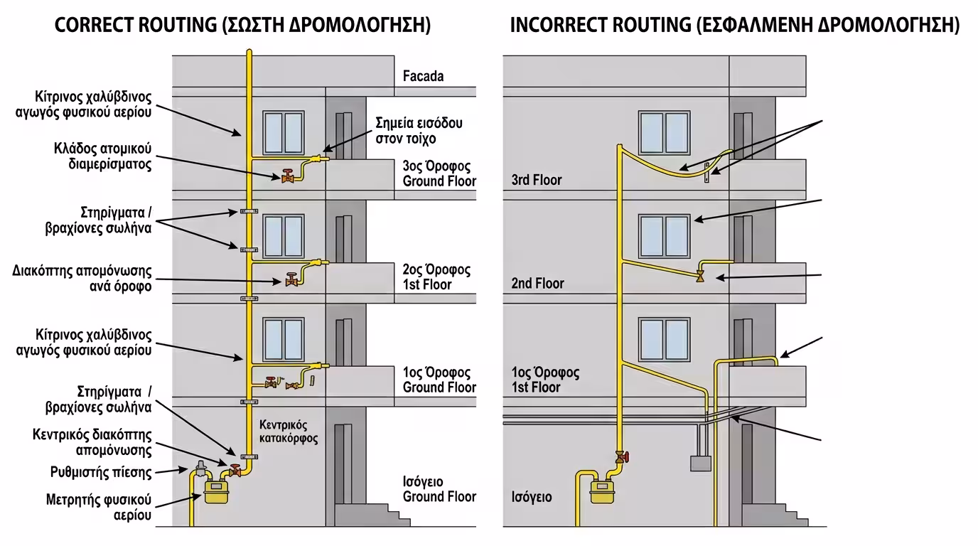 Όδευση σωλήνας αερίου στην εξωτερική όψη πολυκατοικίας
