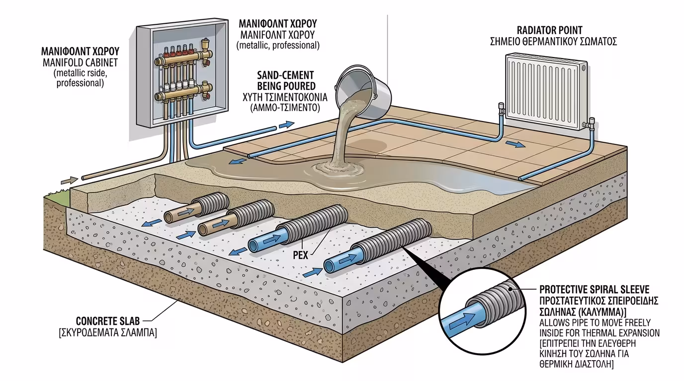 Οδεύσεις σωληνώσεων στο δάπεδο - σπιράλ προστασίας PEX, κόκκινο-μπλε, πριν μπετόν