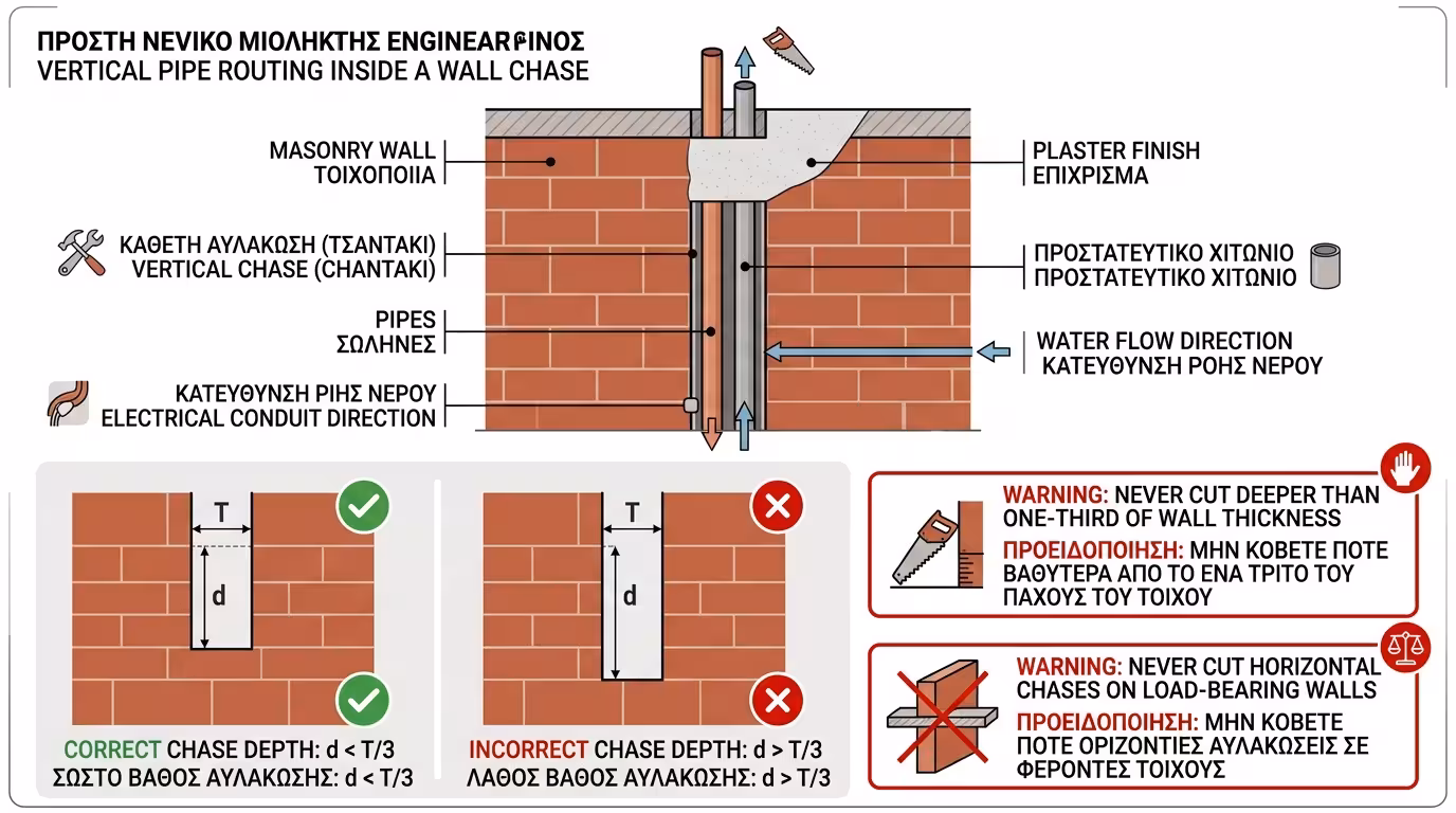Οδεύσεις σωληνώσεων σε τοίχο - κατακόρυφα χαντάκια, σκάψιμο τούβλων, απαγόρευση μπετόν