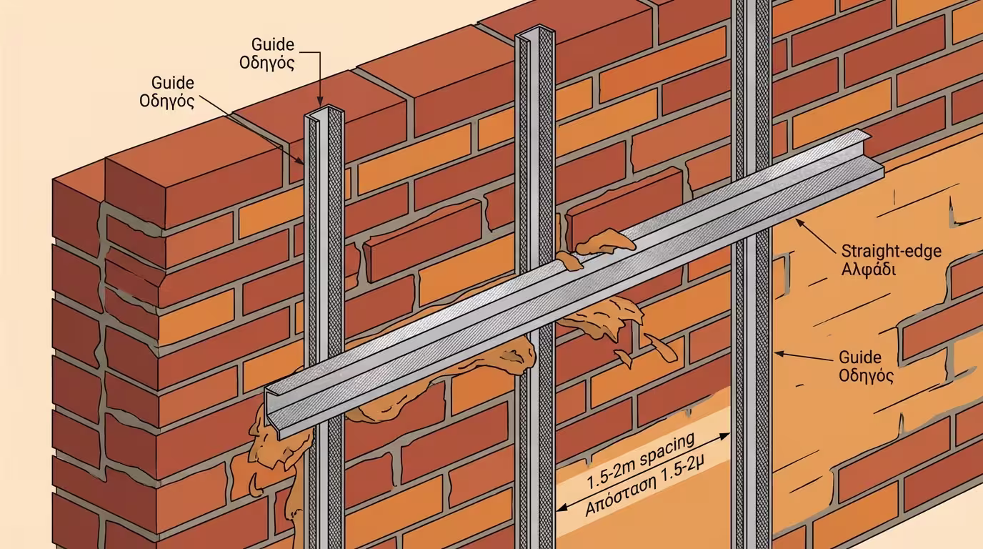 Οδηγοί σοβά τοποθετημένοι κατακόρυφα σε τοίχο - ράγες για τον πήχη