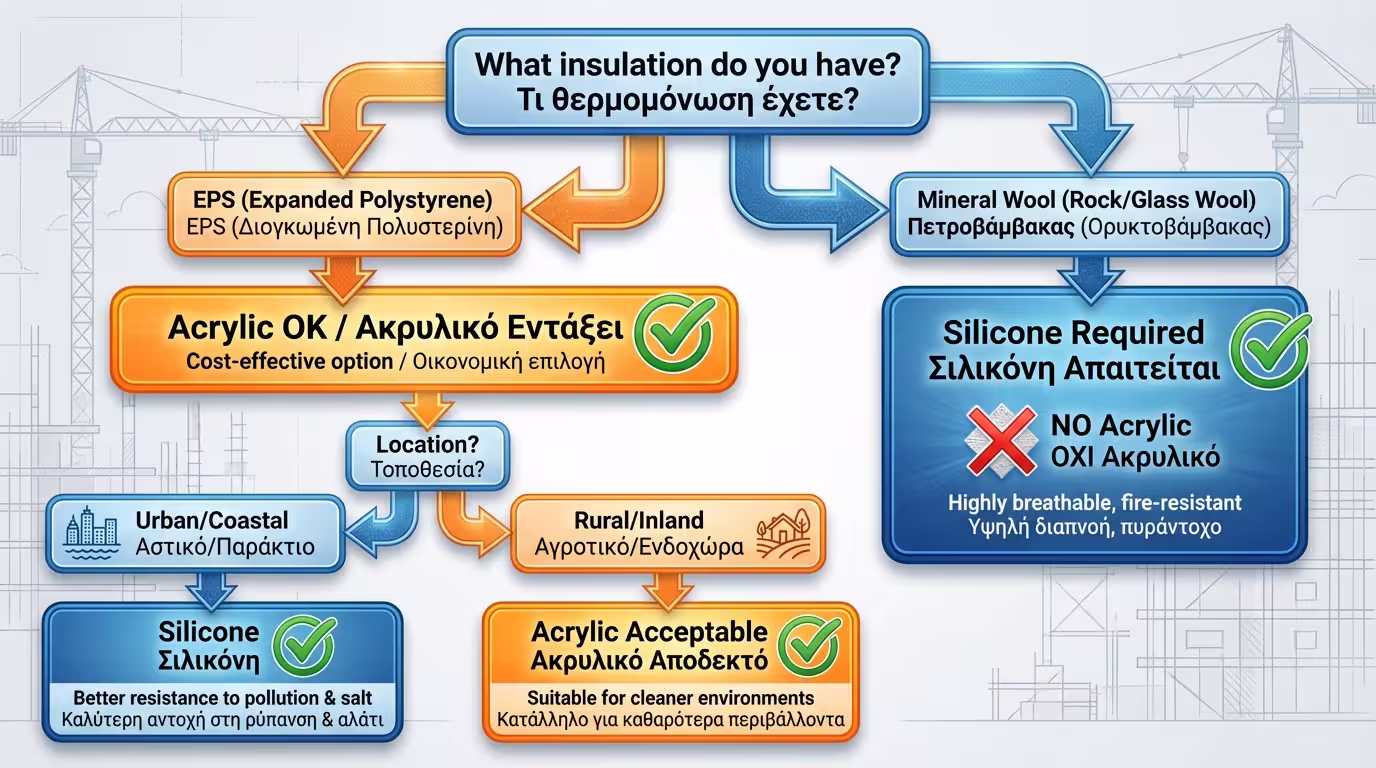 Διάγραμμα επιλογής σοβά θερμοπρόσοψης ανάλογα με μονωτικό υλικό