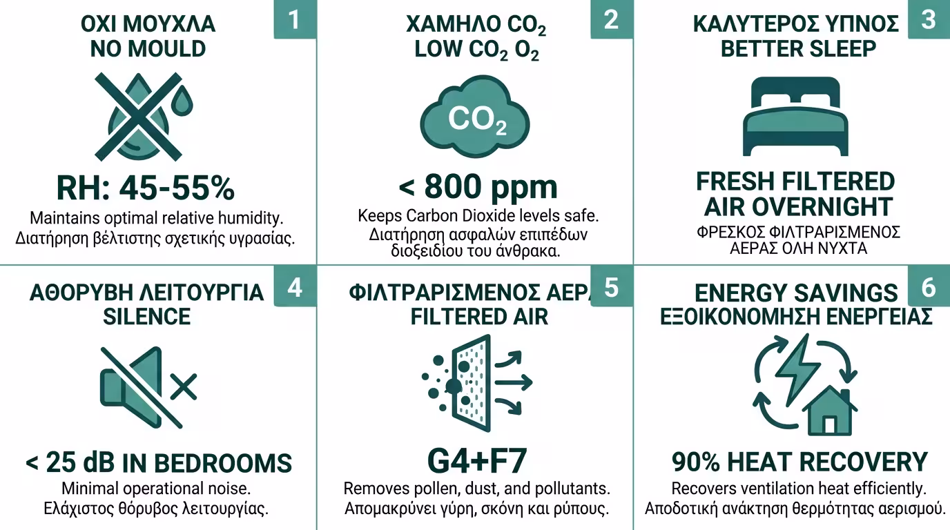 Οφέλη VMC - μηδενική μούχλα, τέλειος ύπνος χωρίς CO₂, ησυχία και φίλτρα αέρα