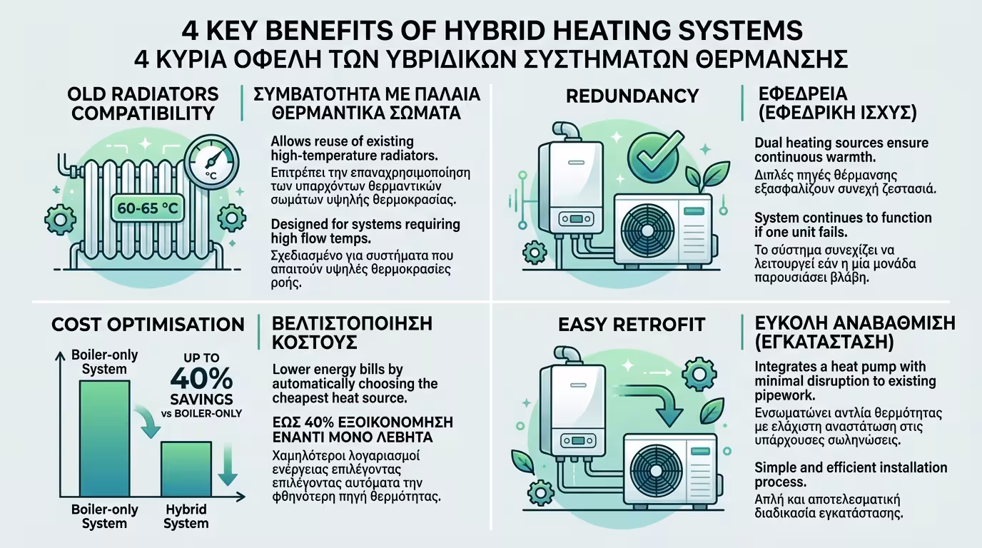 Οφέλη υβριδικής εγκατάστασης - redundancy, οικονομία, συμβατότητα με παλιά καλοριφέρ