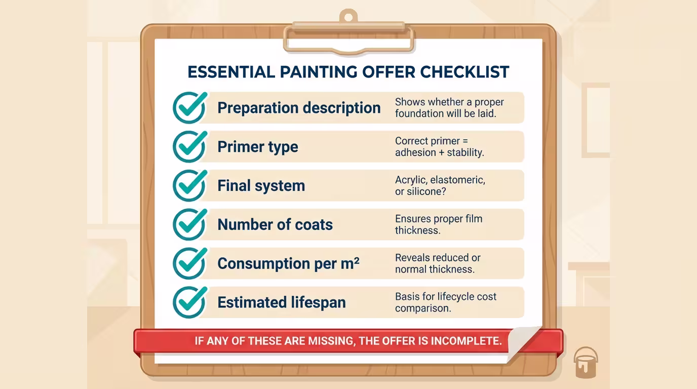 Offer checklist: preparation, primer, system, coats, consumption, lifespan