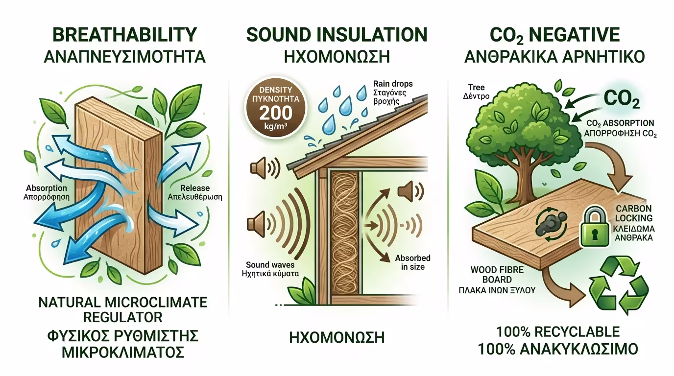 Ξυλοβάμβακας - διαπνοή, ηχομόνωση, CO₂