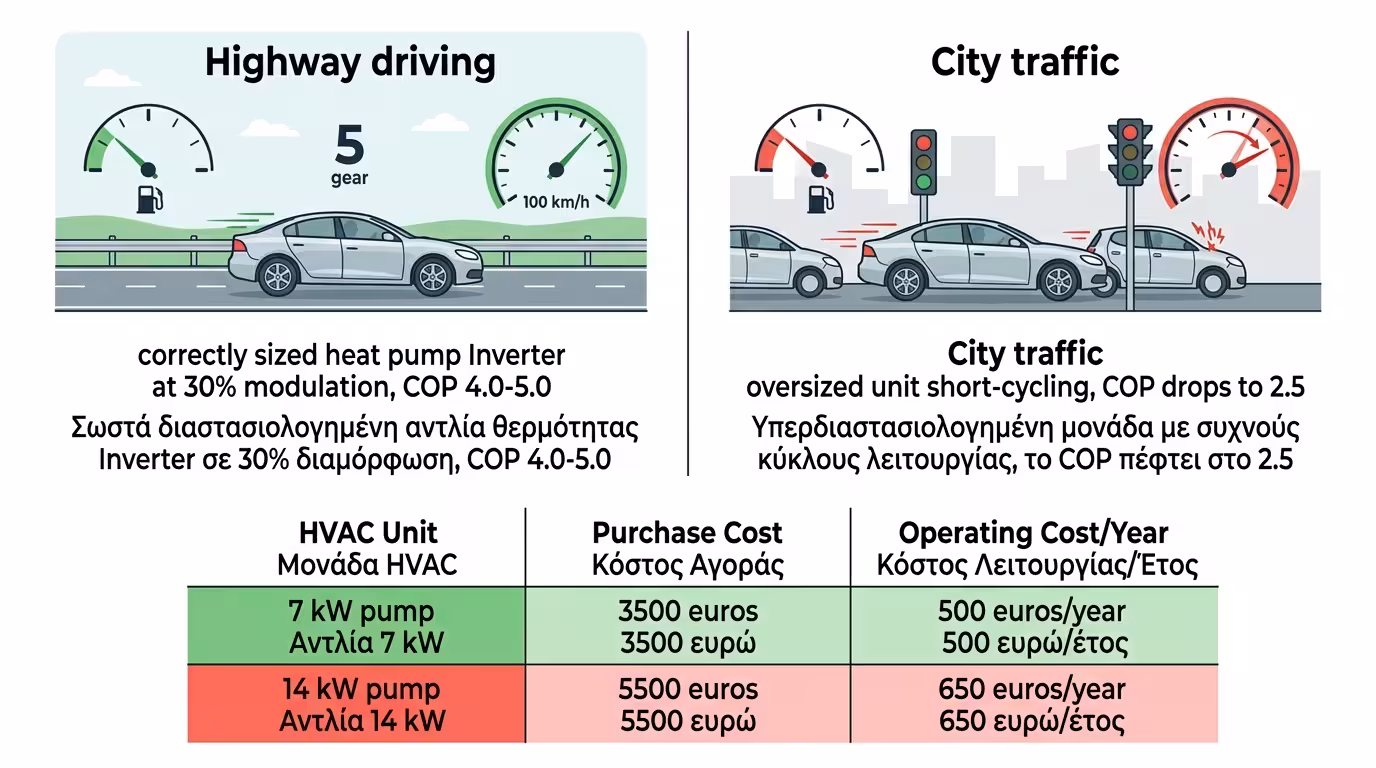 Σύγκριση - Inverter σε εθνική vs short-cycling σε κίνηση πόλης, COP κατάρρευση