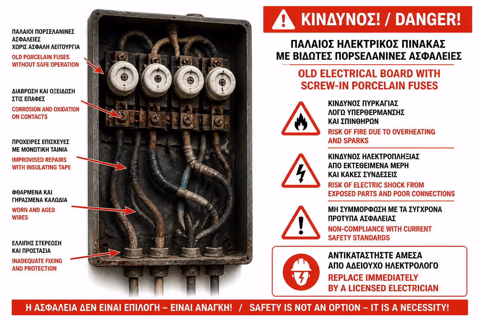 Παλιός πίνακας με βιδωτές πορσελάνινες ασφάλειες